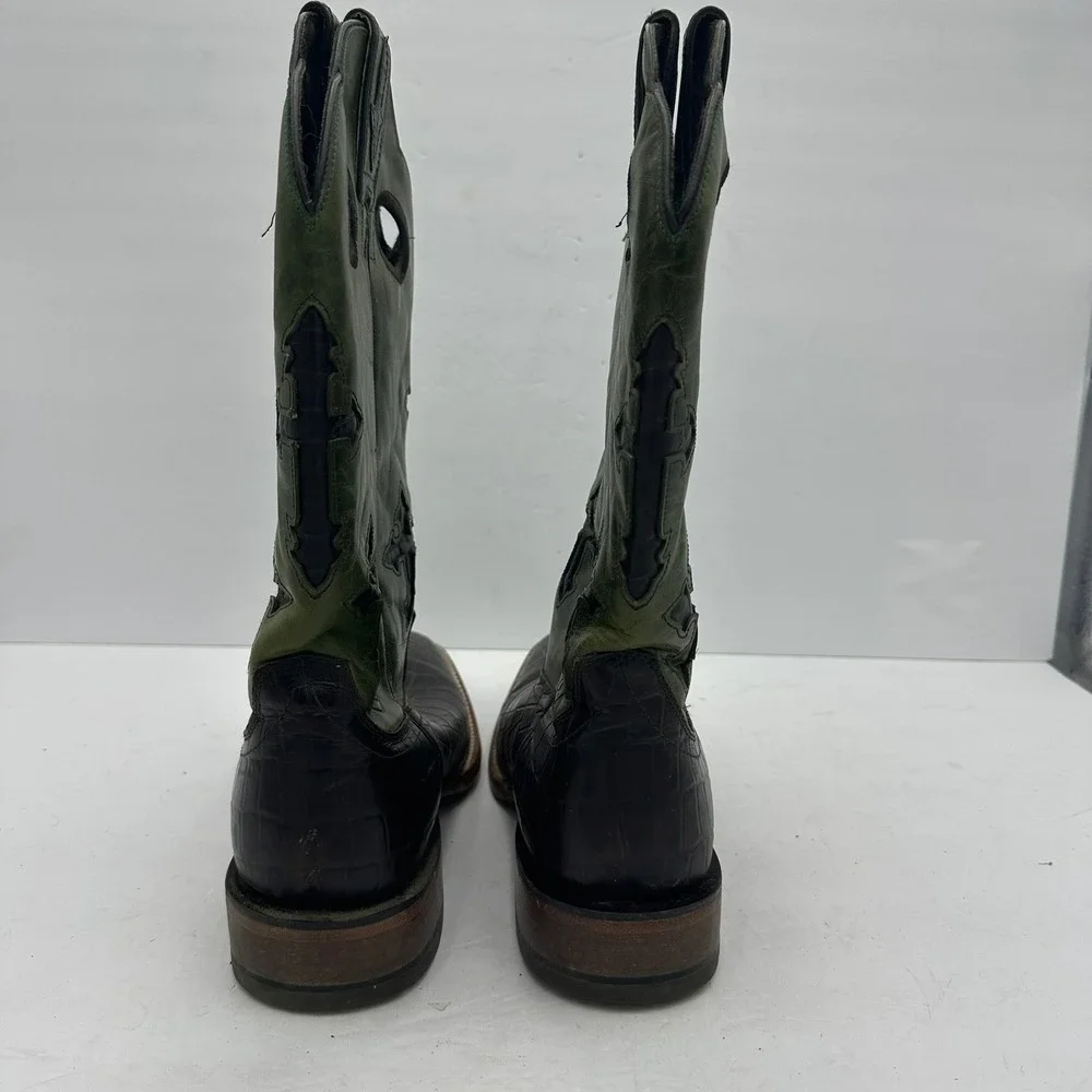 Ariat Mens Ranchero Cowboy Boots Sz 9.5D Green Brown Cross Overlay Square Toe - Picture 5 of 7